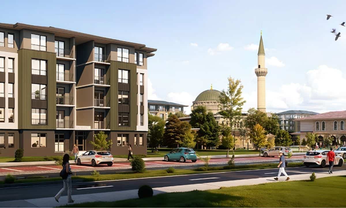 Gelişmiş konut projeleri ve cami silueti, Otomatik taslak ile ilgili görsel.